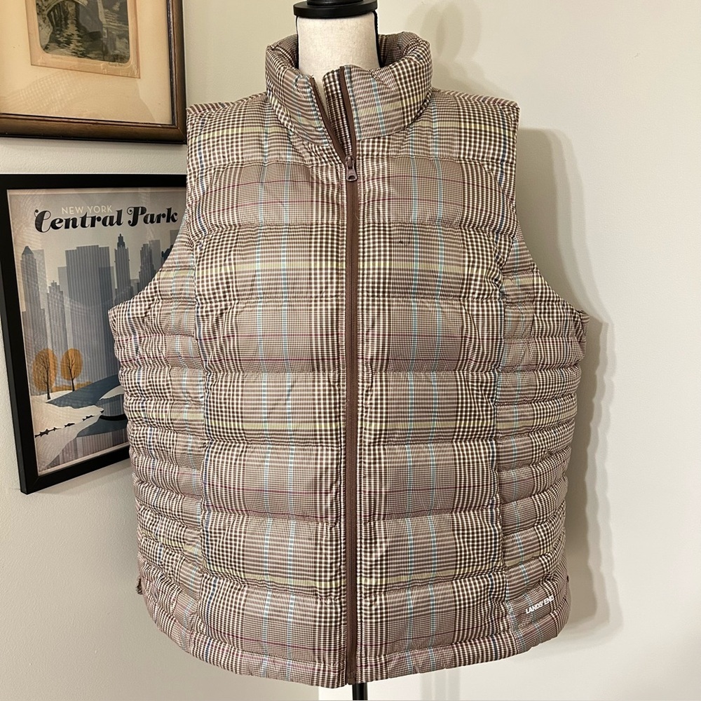Lands’ End Brown Plaid Down Puffer Vest | Plus Size 2X